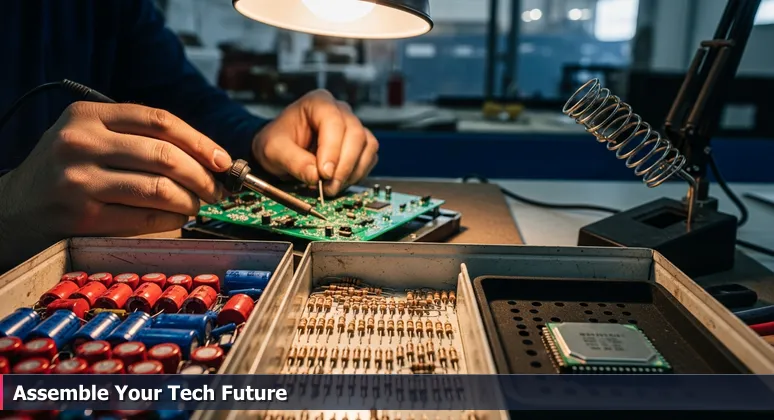 Close-up of hands assembling a circuit board on a workbench, with an open toolbox showing electronic components, symbolizing accessible tech training in Hampton Roads.