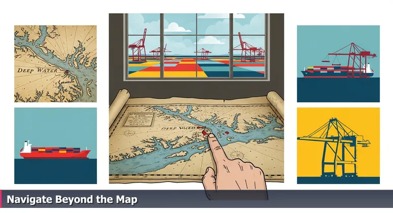 A weathered nautical chart of Chesapeake Bay on a wooden table, with a finger pointing to a channel. Through a window, the Port of Virginia shows modern AI-driven cranes and container ships.