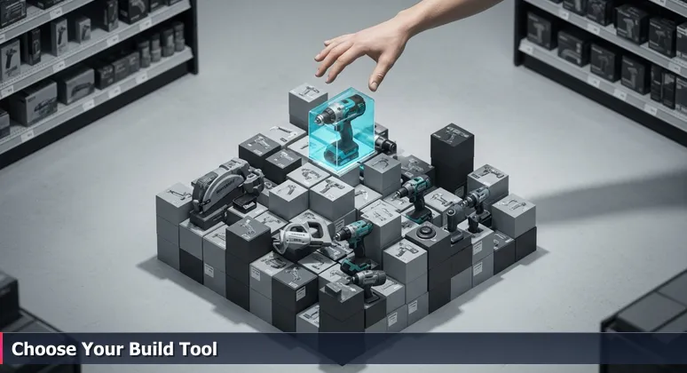 A hand hovering over power drill boxes in a hardware store, symbolizing the choice of tech workspaces in Chesapeake, VA for AI and defense startups.