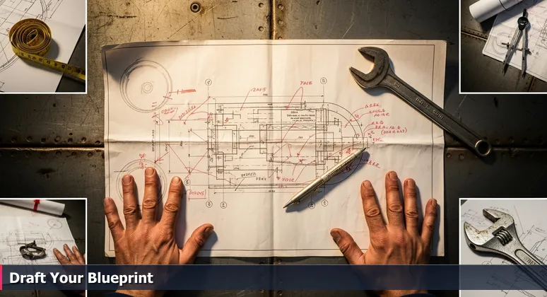 Close-up of hands holding a detailed shipyard blueprint with notes and a wrench, symbolizing practical tech skills in Chesapeake's economy.