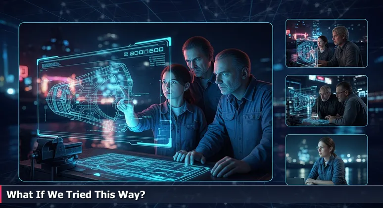 A young apprentice points at a ship's blueprint on a dock, with experienced craftsmen watching curiously, symbolizing junior developers' innovative impact in tech startups.