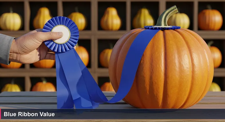 A weathered farmer's hand holding a blue ribbon next to a large, veined pumpkin at a county fair, symbolizing hidden value in Stockton's tech careers.