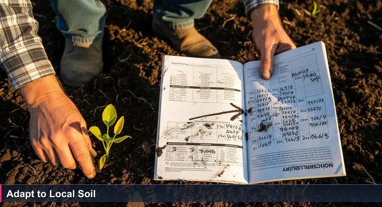 A Stockton farmer with soil-covered hands holds a national planting guide next to struggling crops, symbolizing the need for localized AI engineering skills.