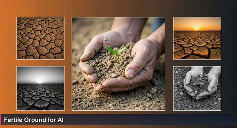 Close-up of weathered hands holding dry soil with a small green sprout, set against a vast Central Valley field, symbolizing AI startup growth in Stockton, CA.