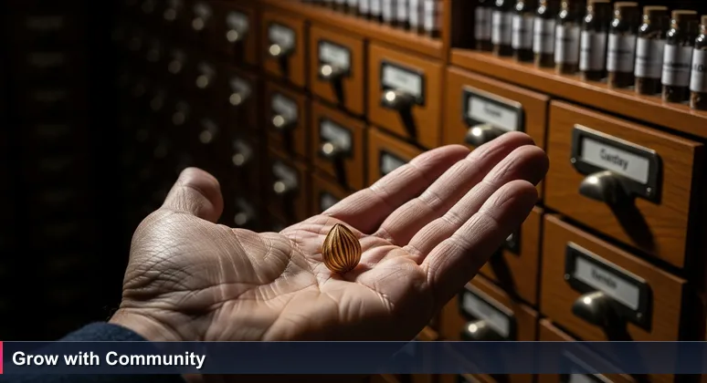 A seed held in a hand with a community garden in the background, symbolizing AI career growth through networking in Stockton, CA communities.