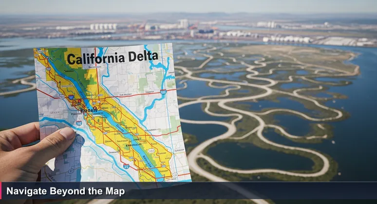 A weathered hand holds a creased, vibrant tourist map of the California Delta, with the complex real Delta waterways and Port of Stockton silos visible in the blurred background.