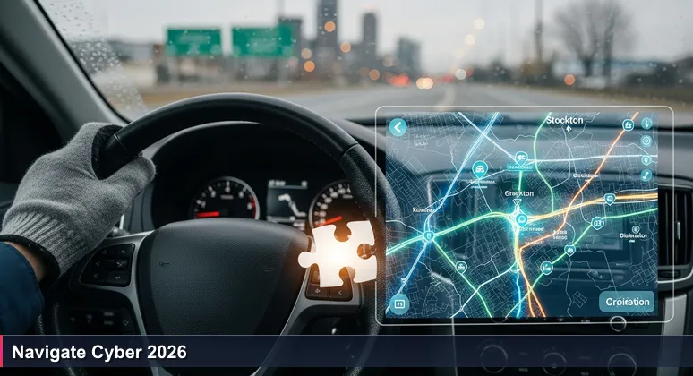 A driver's hand holds a smartphone showing a navigation map of Stockton with pins for key locations like hospitals, ports, and tech campuses, with the city skyline visible through a windshield.