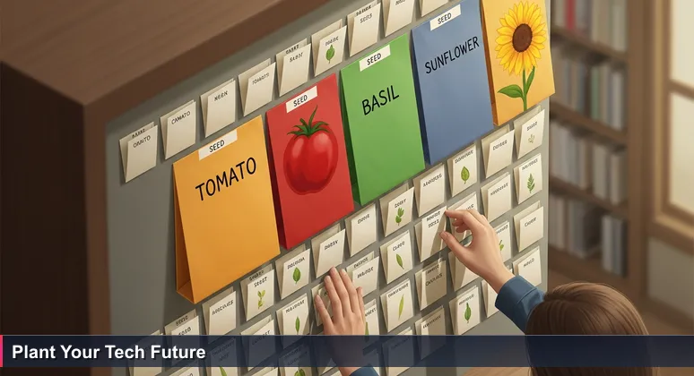 Close-up of hands selecting seeds from a community library catalog, representing free tech training opportunities in Stockton, CA.