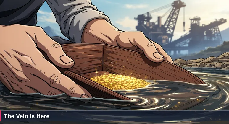 Close-up of weathered hands panning for gold in a river, with gold flakes visible and a blurred industrial mine in the background, symbolizing overlooked AI job opportunities in Stockton.