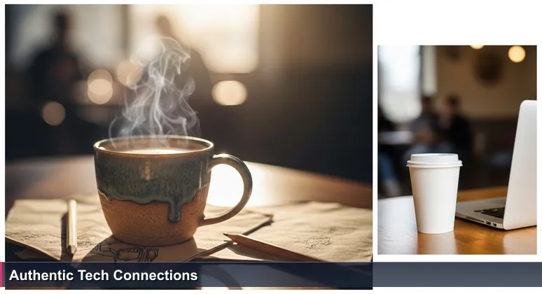 Two coffee cups on a table: a generic chain cup with laptop versus a local handmade mug with sketches, representing Stockton's authentic tech coworking communities.