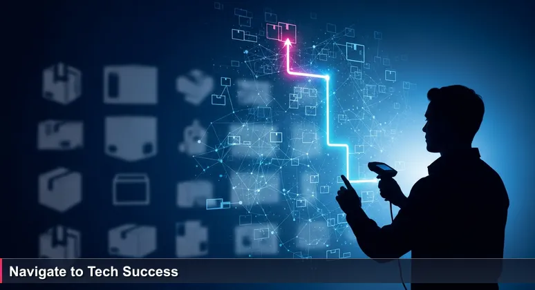 A tech professional in Stockton, CA, analyzing a digital career map in a logistics center, representing accessible tech job paths without a degree.