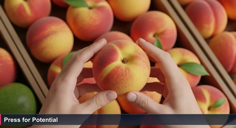Close-up of hands at a Stockton farmers' market gently pressing peaches, symbolizing the careful search for quality junior developer startup roles.