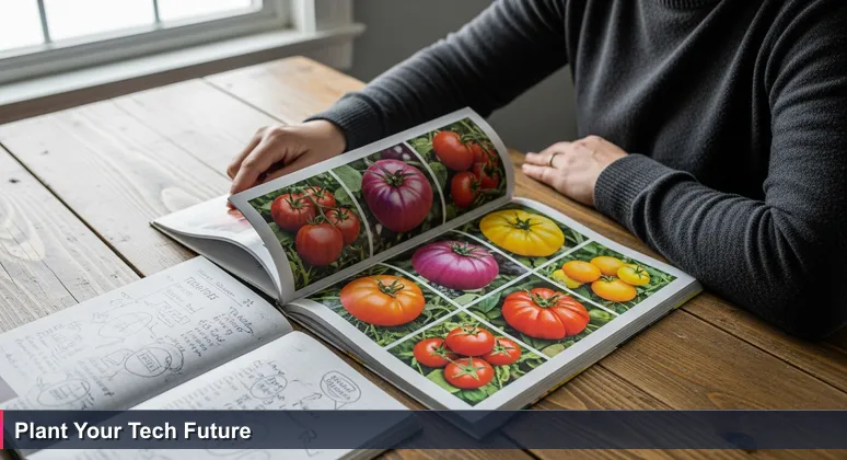 A person in Stockton, CA, at a kitchen table thoughtfully examining a seed catalog with notes, representing career planning for women in technology.