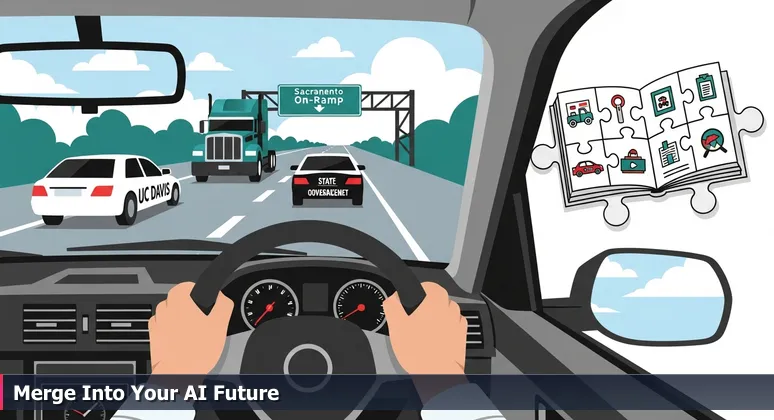A driver's white-knuckled hands grip a steering wheel with blurred Sacramento freeway traffic in the side mirror, symbolizing the merge into an AI career.