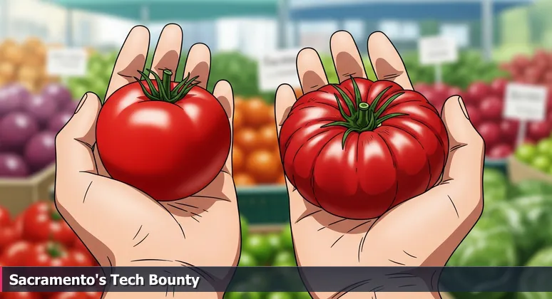Hands holding a hybrid tomato and an heirloom tomato at a Sacramento farmer's market, symbolizing tech career choices between high compensation and stability.