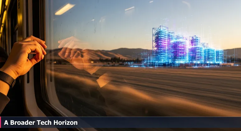 A train window view with smudged glass showing blurred golden hills of Sacramento Valley and a distant modern tech campus, symbolizing the transition to tech opportunities in 2026.