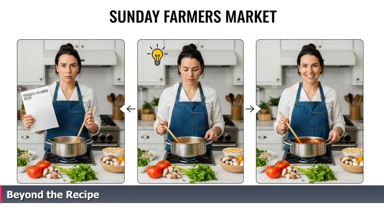 A frustrated cook in a Sacramento kitchen with local ingredients, symbolizing the challenge of mastering AI skills without local industry intuition.