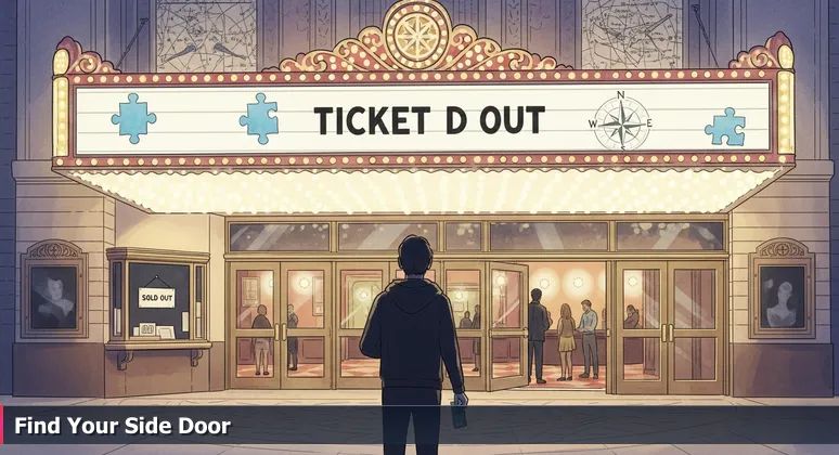 A person standing outside a grand theater in Sacramento at night, looking at a 'Sold Out' sign on the glowing marquee, symbolizing the financial barrier to accessing tech training opportunities.