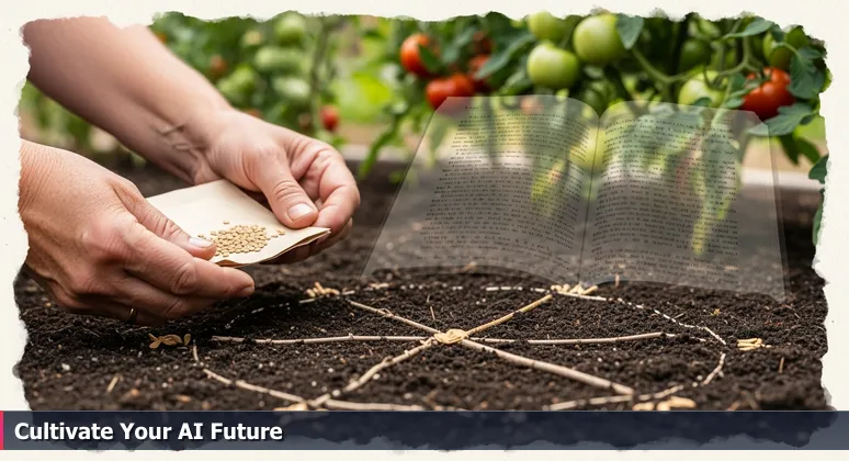 Close-up of hands holding a tomato seed packet in rich Sacramento garden soil, with thriving plants blurred in background.