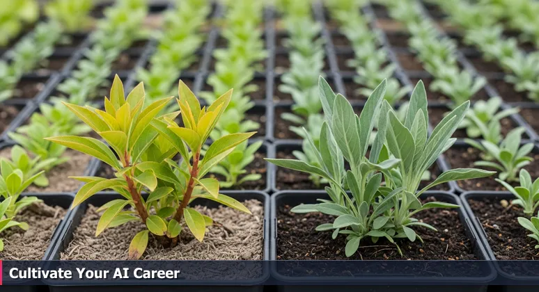 Close-up of a gardener's hands choosing between two similar plants with different care tags, symbolizing the decision between AI bootcamps in Sacramento.