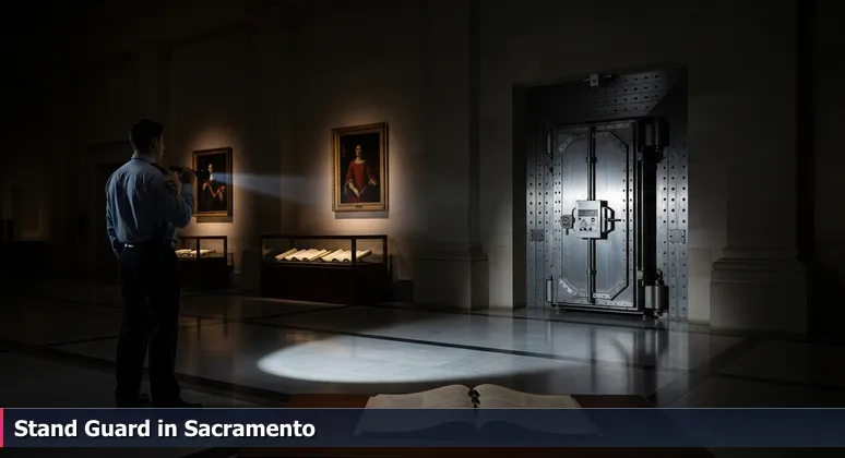 A cybersecurity professional depicted as a museum guard protecting unique digital artifacts in Sacramento's high-stakes job market.