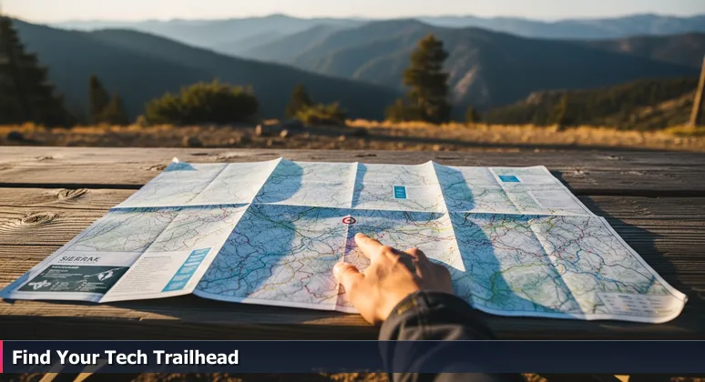 A weathered paper trail map on a wooden table with a finger pointing to 'You Are Here', symbolizing free tech training starting points in Sacramento.