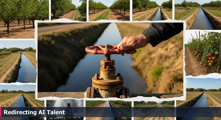 A hand turning a valve on an irrigation canal in Sacramento's Central Valley, symbolizing AI talent distribution to local industries like healthcare and government.