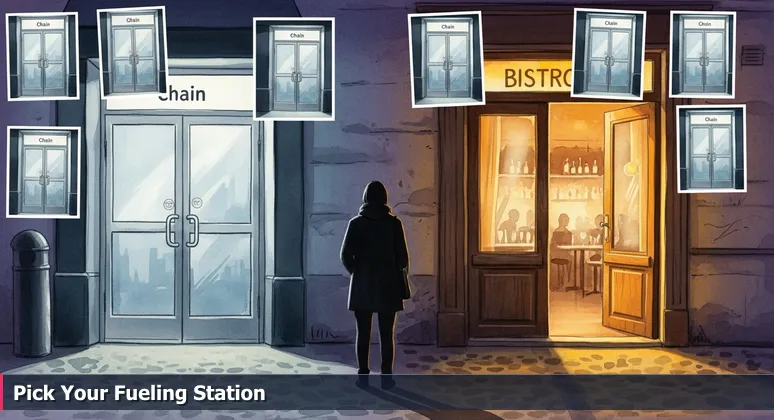 A tech entrepreneur at a crossroads in Sacramento, choosing between a sleek corporate door and a vibrant local coworking entrance.