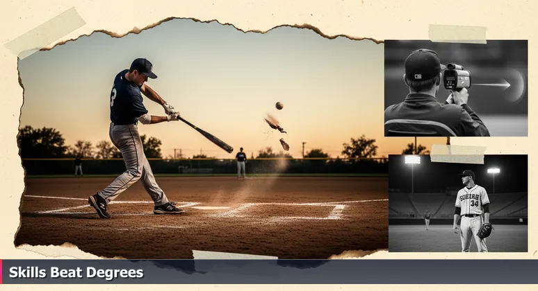 A determined baseball player practicing swings at a dusk-lit public diamond in Woodland, CA, overlooked by a scout focused on a player in a college uniform.