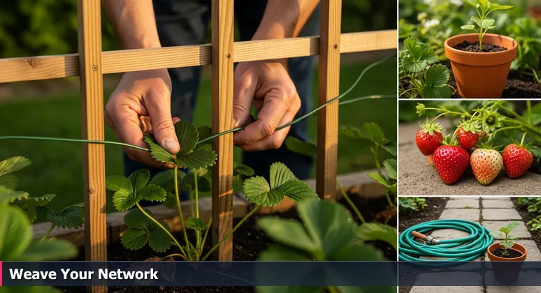 A gardener's hands carefully weaving a green strawberry runner into a sturdy wooden trellis in a Sacramento community garden, symbolizing support and growth for women in tech networks.