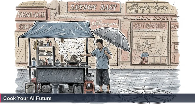 A street vendor in Yangon cooking noodles during a rainstorm, symbolizing resilience for building an AI career in Myanmar's 2026 tech scene.