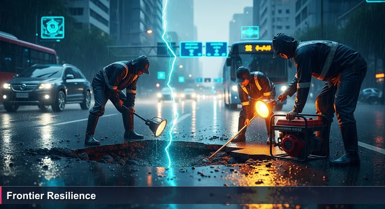 Workers repairing a flooded Yangon street during monsoon rain, with a generator light, symbolizing the gritty resilience required for tech careers in Myanmar.