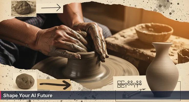 Close-up of a master potter's hands shaping clay on a spinning wheel in a Bagan workshop, representing the hands-on craft of AI engineering in Myanmar.