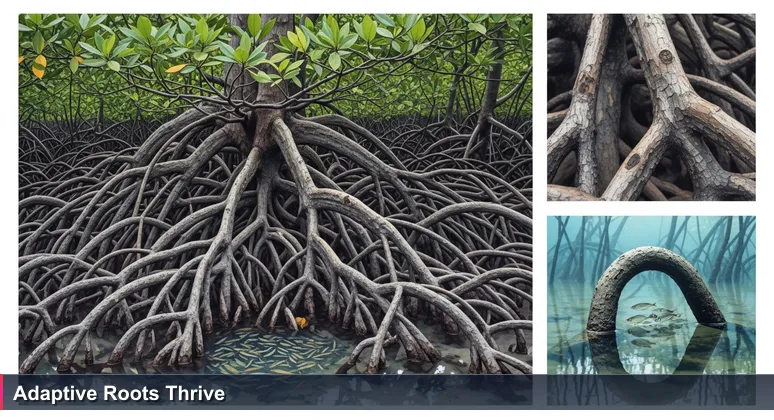 Tangled mangrove roots exposed at low tide in Myanmar's Ayeyarwady Delta, symbolizing resilient AI startups in Yangon and beyond.
