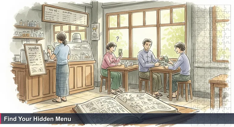 A bustling Yangon teashop scene symbolizing hidden funding paths for tech training, with a confused person at a menu board and another handing a folded note to a server