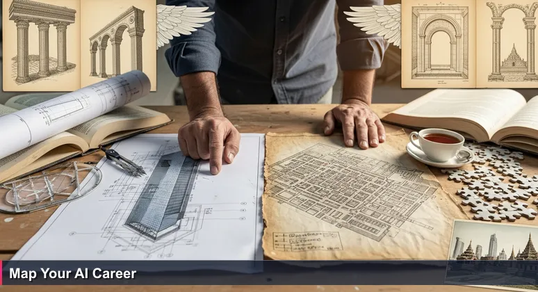 A skilled mason in Yangon examines a modern architectural blueprint and an old hand-sketched map, symbolizing career planning in AI's dual-track market.