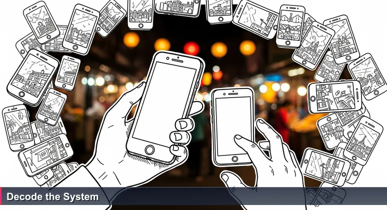 Hands in a bustling Yangon night market holding smartphones, with screens reflecting colorful stall lights, symbolizing the choice of tech career paths in Myanmar.