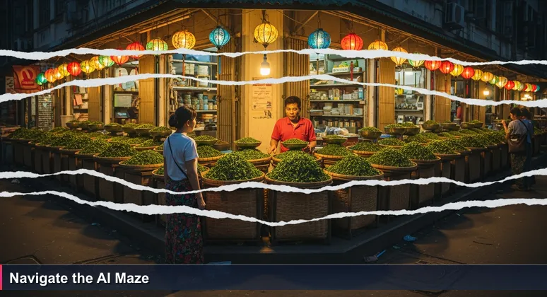 A young professional in a bustling Yangon night market, looking overwhelmed by similar tea leaf stalls, symbolizing the challenge of choosing the right AI bootcamp in 2026 Myanmar.