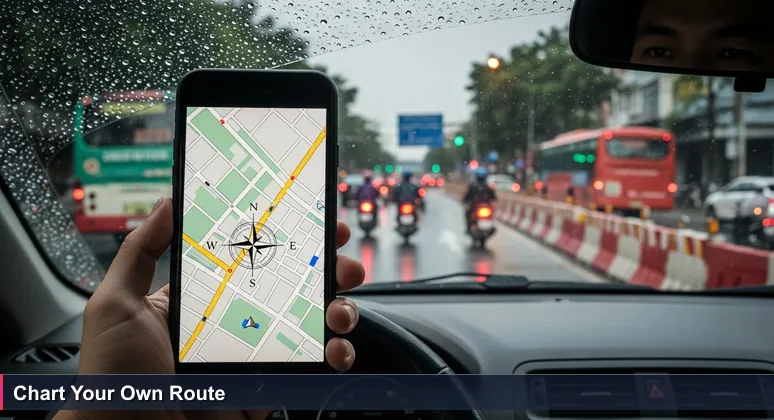 A smartphone showing a GPS map over a chaotic Yangon street scene, symbolizing the gap between theory and practice in navigating cybersecurity careers in Myanmar.