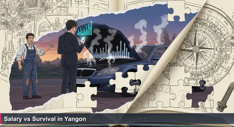 A luxury car broken down on a Yangon roadside during a blackout, with a tech professional checking a salary offer on their phone.