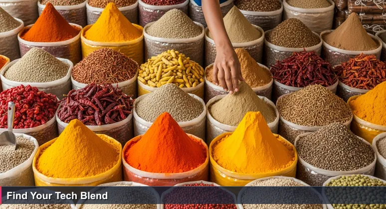 A bustling Bogyoke Market spice stall in Yangon with sacks of turmeric and chili powder, symbolizing the search for the right tech skill.