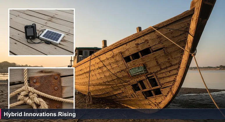 A weathered wooden boat on the Yangon River with modern GPS and solar panel attached, symbolizing AI retrofitting traditional industries in Myanmar.