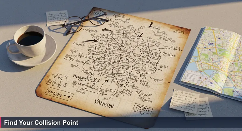 Hands holding a glossy tourist map and a hand-sketched, annotated map of Yangon, symbolizing the search for authentic tech workspaces beyond official guides.