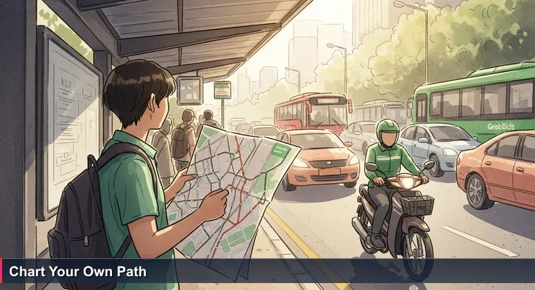 A young adult at a busy Yangon bus stop, holding a paper map while watching GrabBike riders navigate traffic, symbolizing alternative career paths in tech.