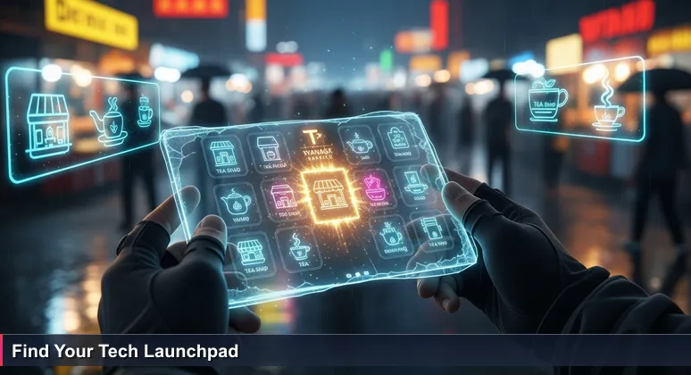 Hands holding a worn Yangon guidebook with a bustling street market in the background, symbolizing the startup job search for junior developers.