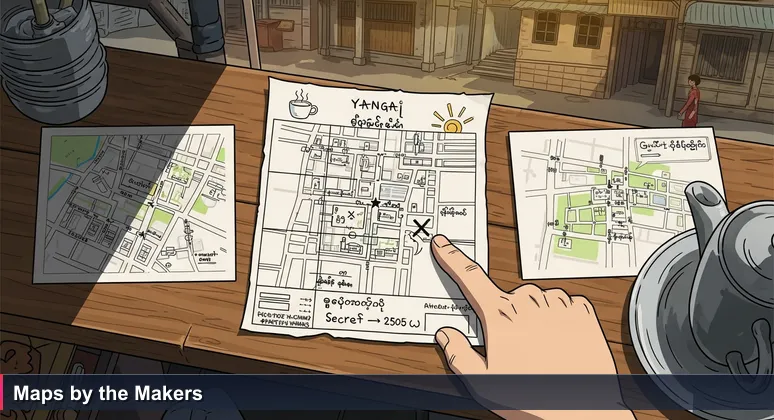 Close-up of a hand-drawn map on a receipt showing Yangon alleyways with Burmese annotations and a pointing finger.