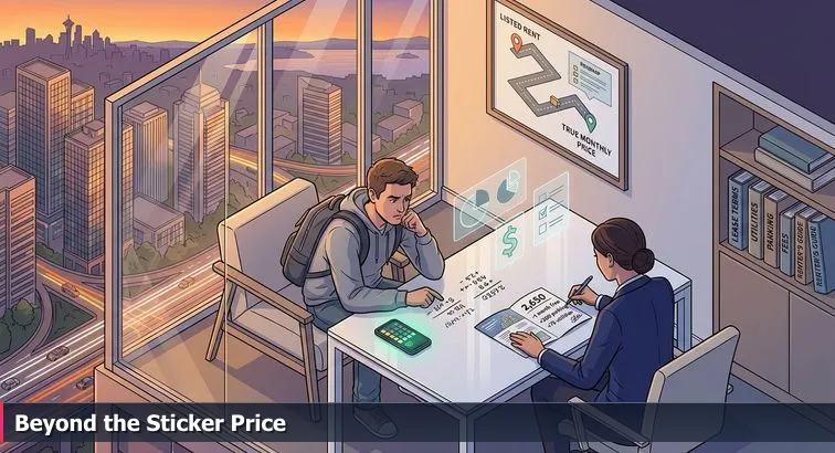 Bellevue skyline through an apartment window with a brochure, calculator, and handwritten salary breakdown showing base, bonus, and RSUs.