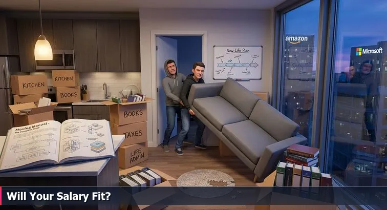 Two people struggling to carry a couch through a cramped Bellevue studio doorway, stacked boxes labeled with expenses, and Amazon and Microsoft logos glowing on the skyline outside.