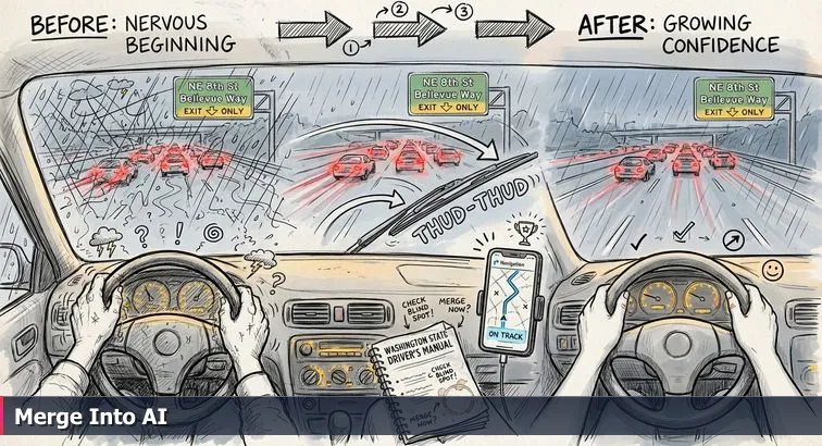 Person with a laptop working on AI code overlays beside a rainy I-405, Bellevue skyline and tech campus buildings visible in the background.