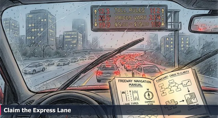 Dusk aerial of Bellevue skyline with I-405 and a highlighted express lane, icons for grants, scholarships, and bootcamps, and a car merging into the lit lane